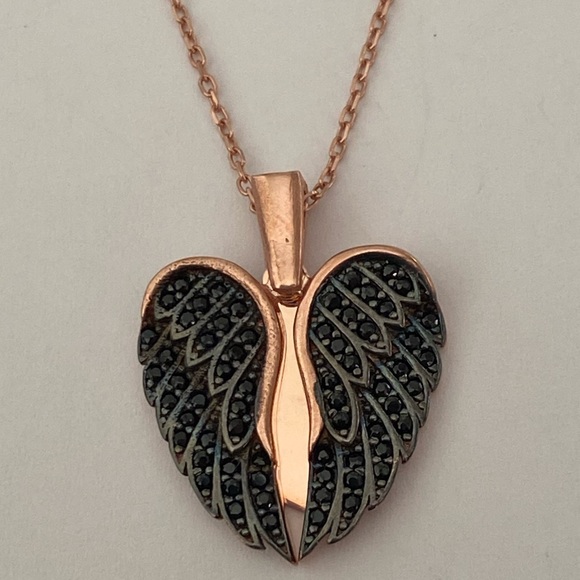 Other - 925 Silver angelwing heart initial double heart necklace 14K rose gold plated